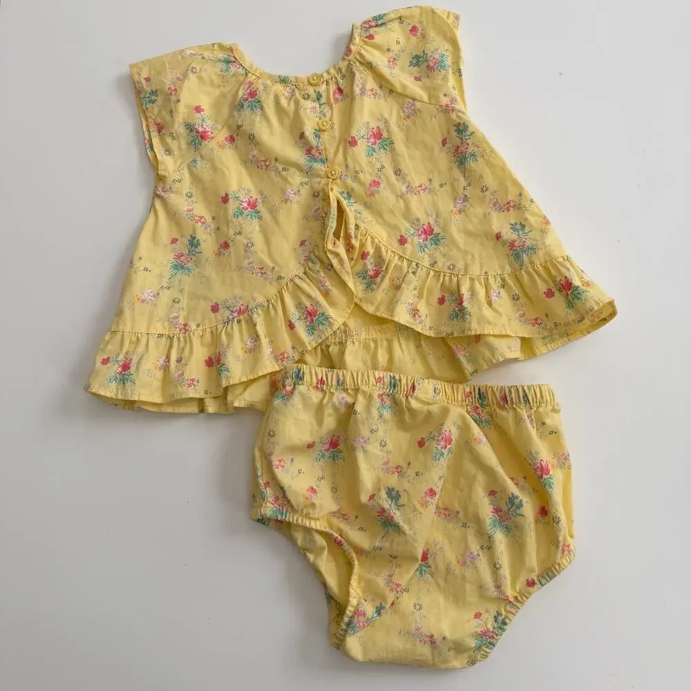 Baby Gap yellow pink ditsy floral print 2 piece tank top bloomer set